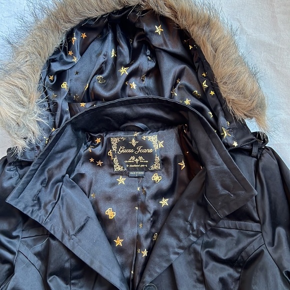 Guess Jeans women’s black satiny fur hooded belted hip length jacket szL - Picture 2 of 12